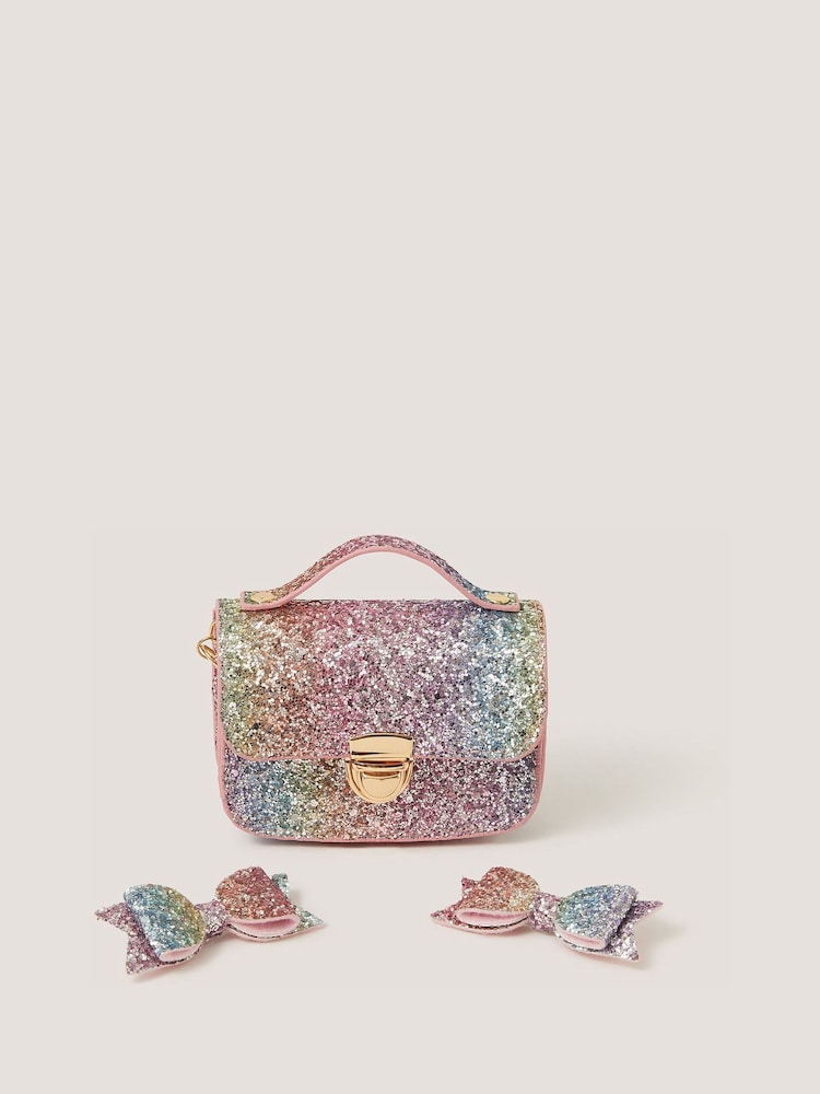 Monsoon Pink Rainbow Glitter Satchel Bag & Hair Clips Set - Image 1 of 4
