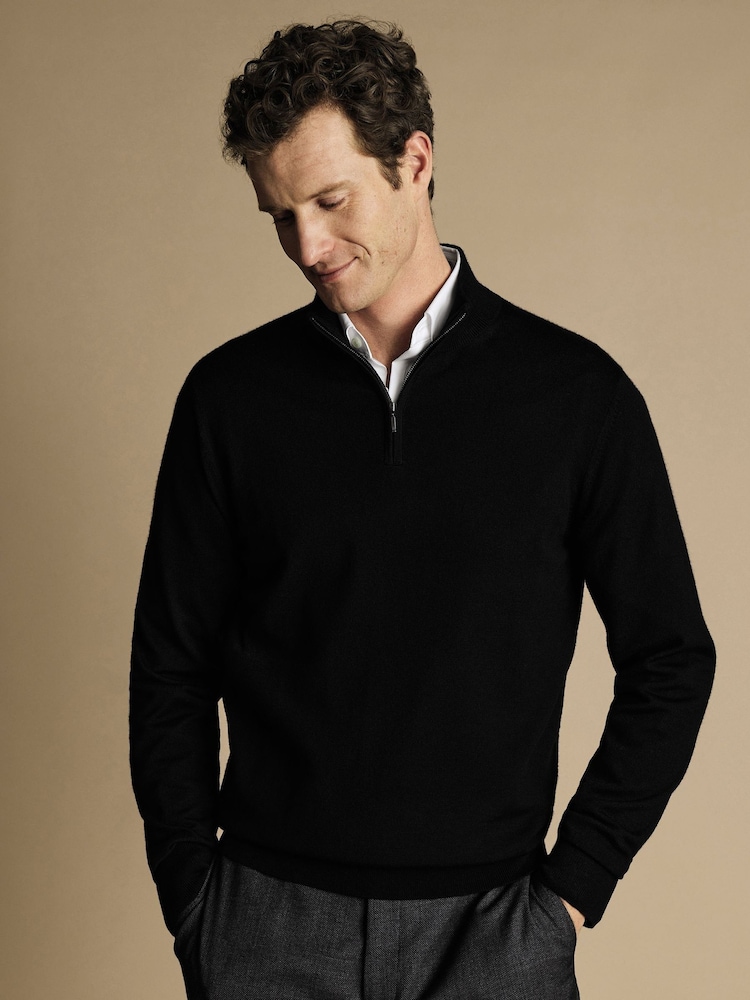 Charles Tyrwhitt Black Pure Merino Quarter Zip Jumper - Image 1 of 4