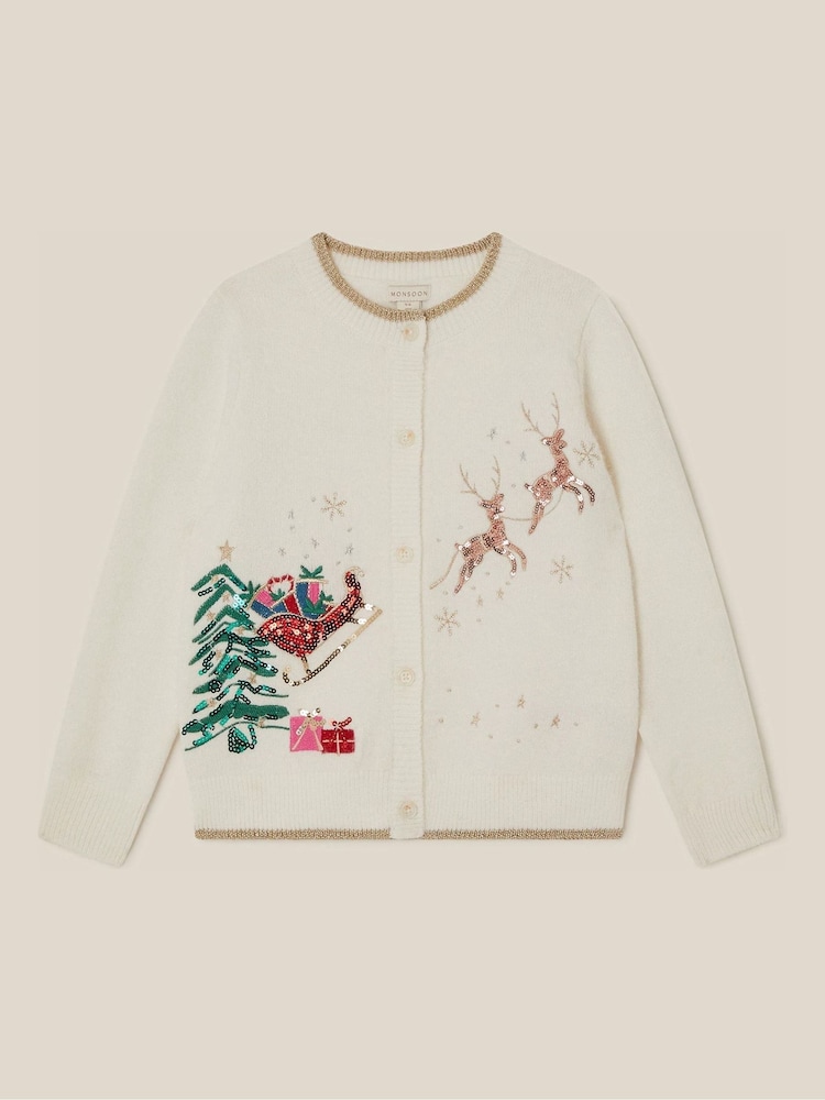 Monsoon Cream Sequin Christmas Scene Cardigan - Image 2 of 4 Monsoon Cream Sequin Christmas Scene Cardigan - Image 2 of 4