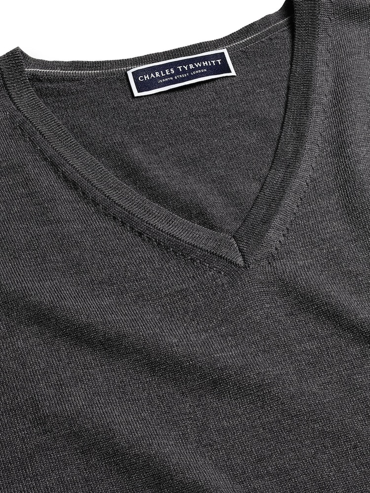Charles Tyrwhitt Grey Pure Merino V-Neck Jumper - Image 2 of 3