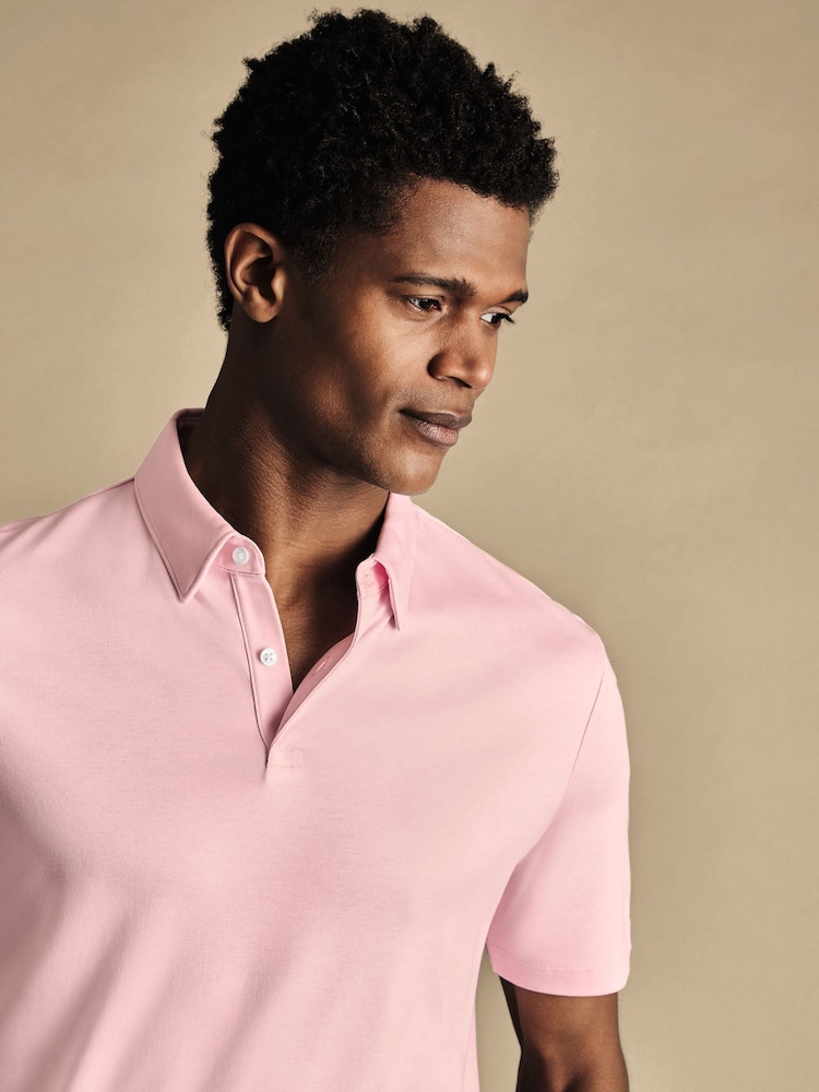 Charles Tyrwhitt Pink 100% Cotton Plain Short Sleeve Jersey Polo Shirt - Image 2 of 5