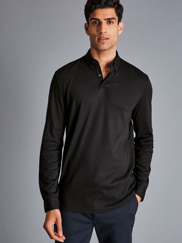 Charles Tyrwhitt Black 100% Cotton Plain Long Sleeve Jersey Polo Shirt - Image 1 of 5