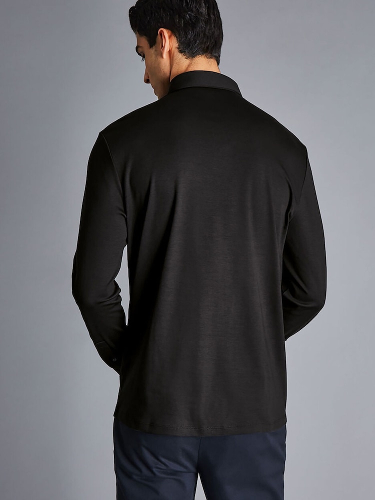 Charles Tyrwhitt Black 100% Cotton Plain Long Sleeve Jersey Polo Shirt - Image 2 of 5