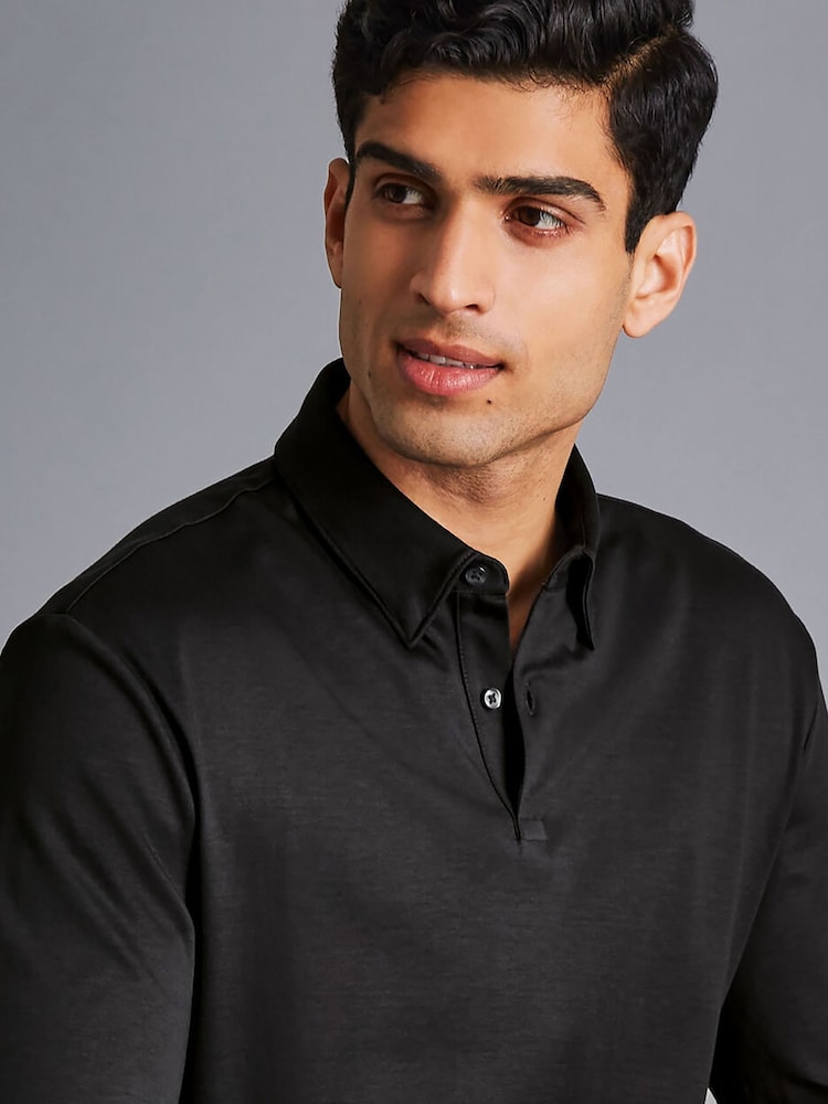 Charles Tyrwhitt Black 100% Cotton Plain Long Sleeve Jersey Polo Shirt - Image 3 of 5