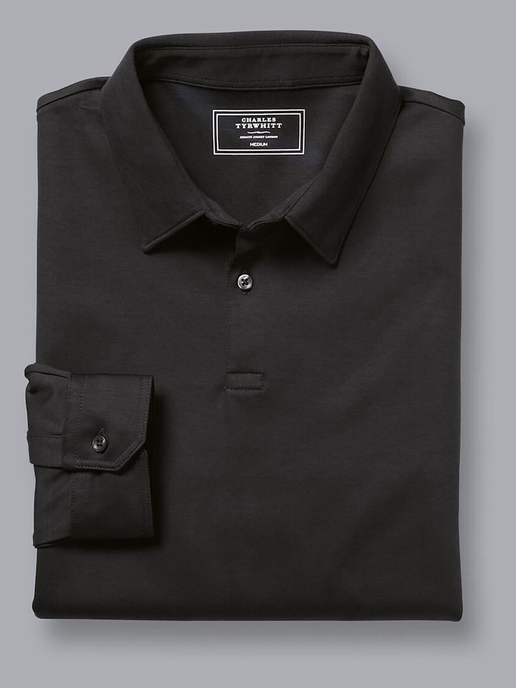 Charles Tyrwhitt Black 100% Cotton Plain Long Sleeve Jersey Polo Shirt - Image 4 of 5