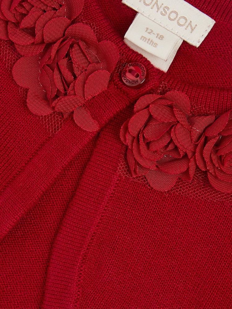 Monsoon Red Baby Ottilie Appliqué Rose Cardigan - Image 2 of 2 Monsoon Red Baby Ottilie Appliqué Rose Cardigan - Image 2 of 2