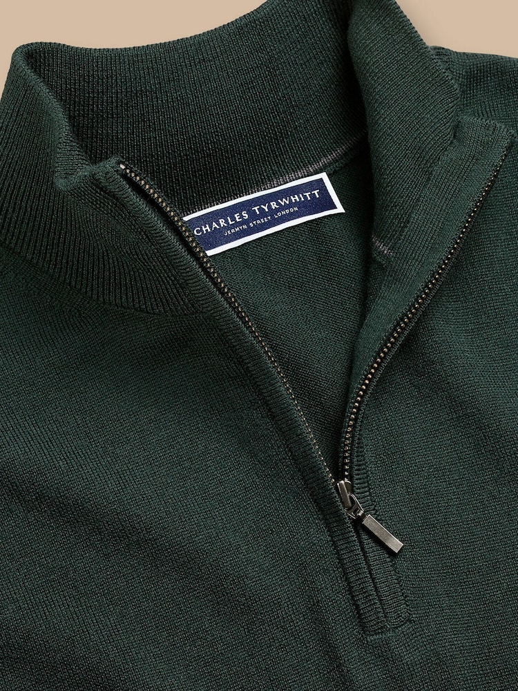 Charles Tyrwhitt Bottle Green Pure Merino Quarter Zip Jumper - Image 4 of 4