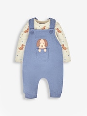 JoJo Maman Bébé Indigo Blue Sausage Dog Boys' Sausage Dog Appliqué Pocket Dungarees & Top Set - Image 1 of 4