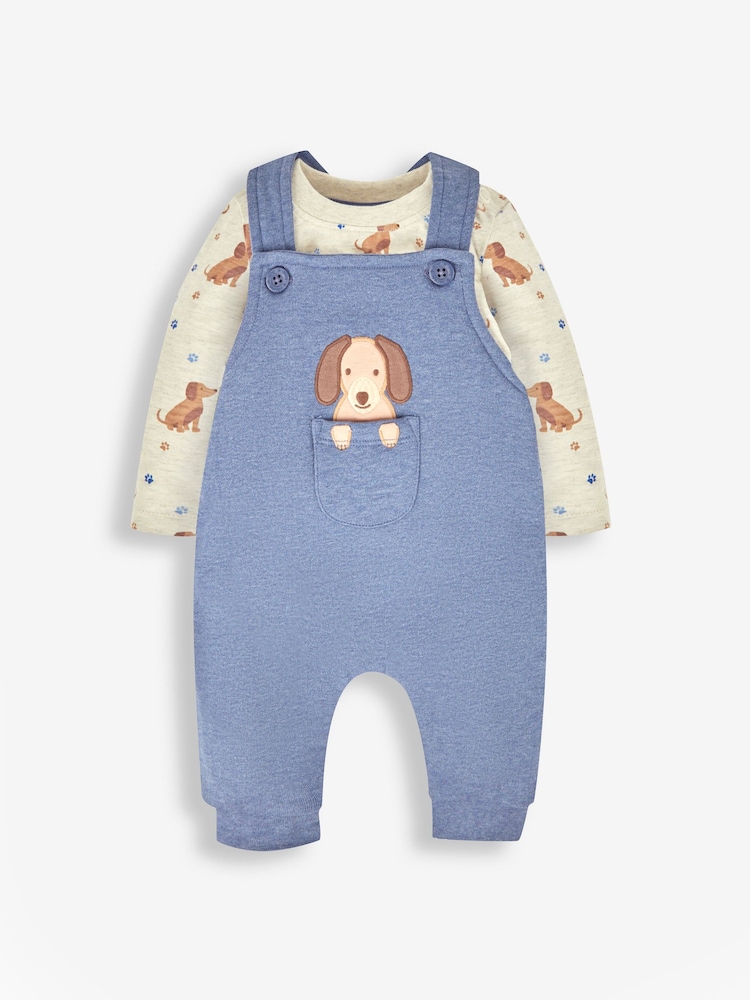 JoJo Maman Bébé Indigo Blue Sausage Dog Boys' Sausage Dog Appliqué Pocket Dungarees & Top Set - Image 1 of 4