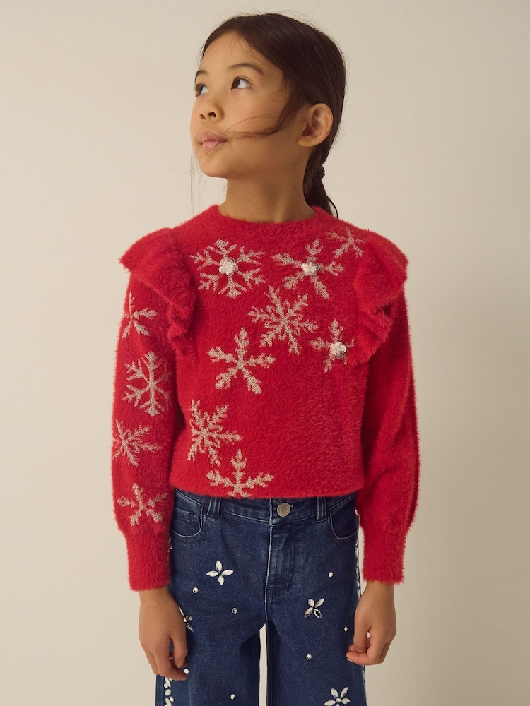 Monsoon Red Cindy Ruffle Snowflake Jumper - Image 1 of 3 Monsoon Red Cindy Ruffle Snowflake Jumper - Image 1 of 3