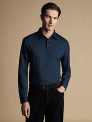 Charles Tyrwhitt Blue 100% Cotton Plain Long Sleeve Jersey Polo Shirt - Image 1 of 6