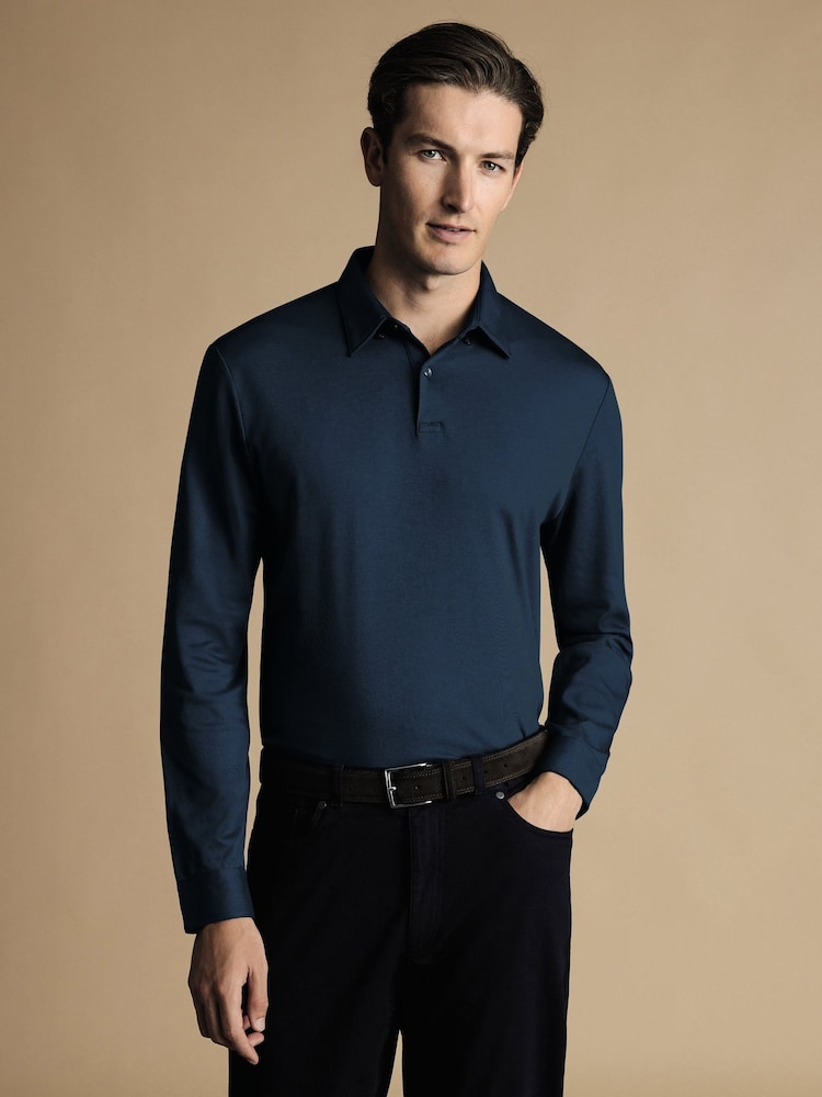 Charles Tyrwhitt Blue 100% Cotton Plain Long Sleeve Jersey Polo Shirt - Image 1 of 6