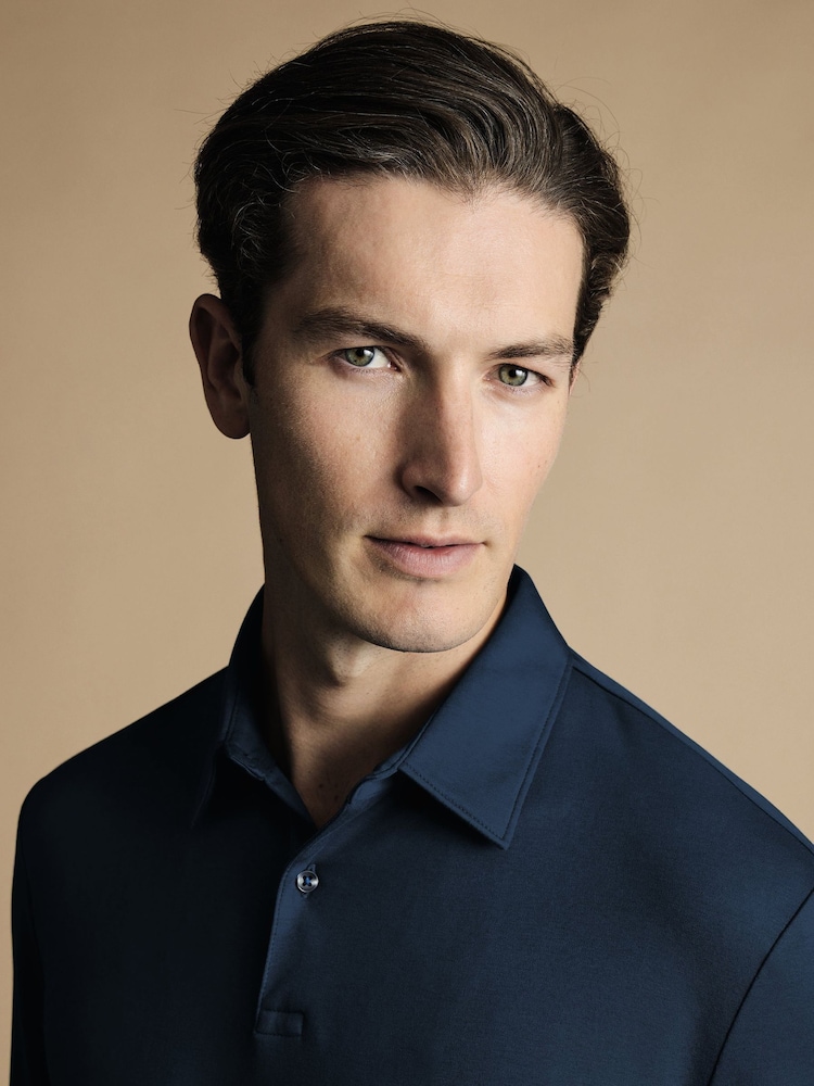 Charles Tyrwhitt Blue 100% Cotton Plain Long Sleeve Jersey Polo Shirt - Image 2 of 6