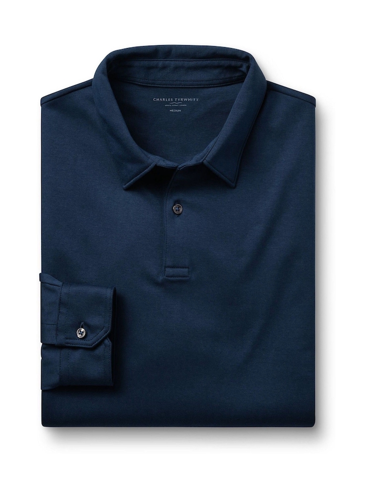 Charles Tyrwhitt Blue 100% Cotton Plain Long Sleeve Jersey Polo Shirt - Image 4 of 6