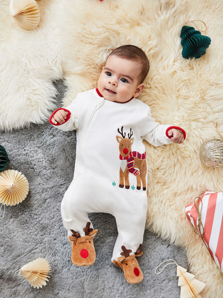 JoJo Maman Bébé Cream Reindeer Appliqué Zip Baby Sleepsuit - Image 2 of 5 JoJo Maman Bébé Cream Reindeer Appliqué Zip Baby Sleepsuit - Image 2 of 5