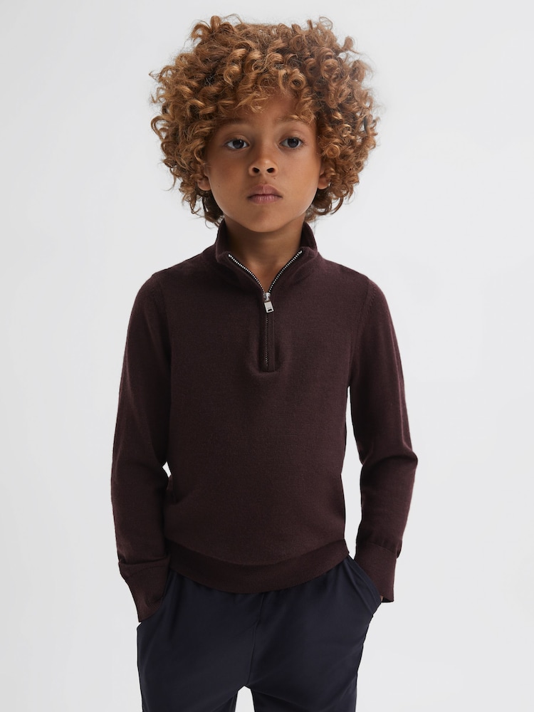 Reiss Bordeaux Blackhall 3-9 yrs Quarter Zip Merino Wool Jumper - Image 1 of 7