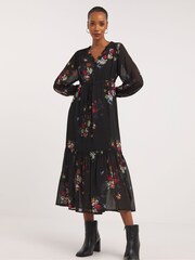 JD Williams Black Floral Chiffon Smock Dress - Image 1 of 4