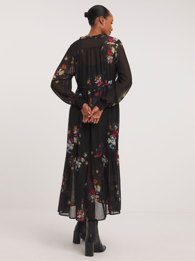 JD Williams Black Floral Chiffon Smock Dress - Image 2 of 4