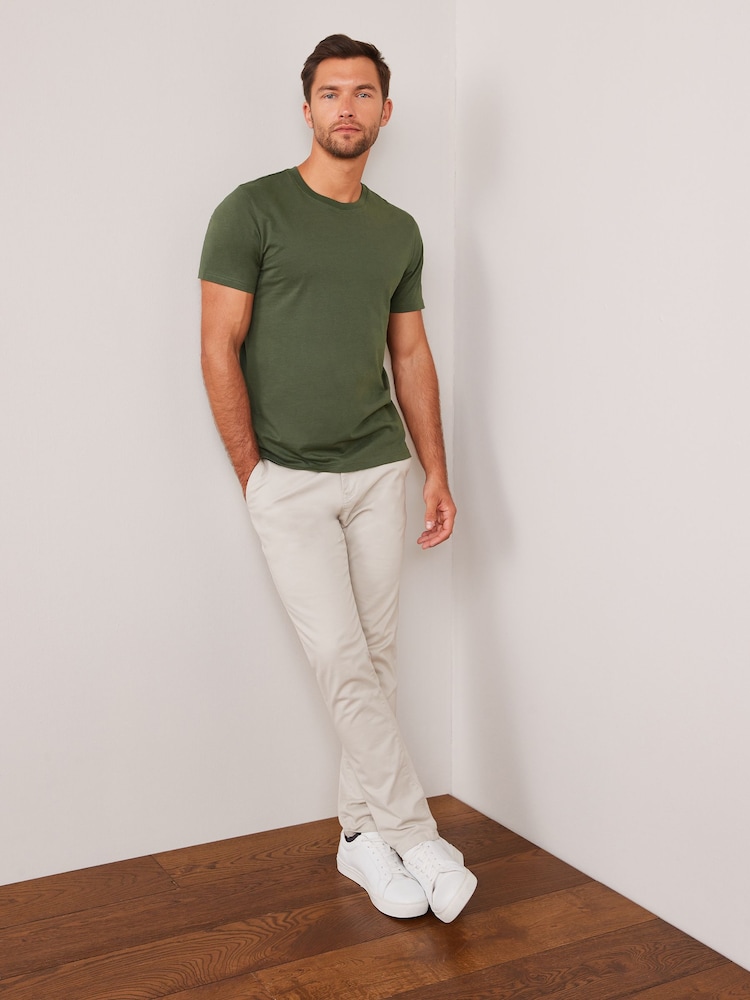 Green Dark Khaki Regular Fit 100% Cotton Essential Regular Crew Neck T-Shirt - Image 3 of 5
