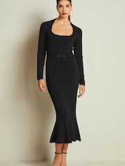 Black Square Neck Stitch Detail Long Sleeve Knitted Midi Dress - Image 1 of 6
