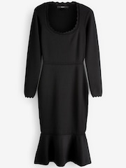 Black Square Neck Stitch Detail Long Sleeve Knitted Midi Dress - Image 5 of 6