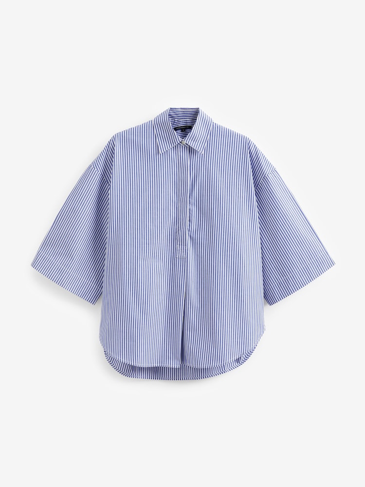 French Connection Blue Rhodes Sust Poplin Short Sleeve Popover 100% Cotton Blouse - Image 4 of 4