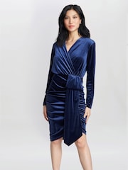 Gina Bacconi Blue Tasha Velvet Dress With Draped Skirt Detail - Image 1 of 1