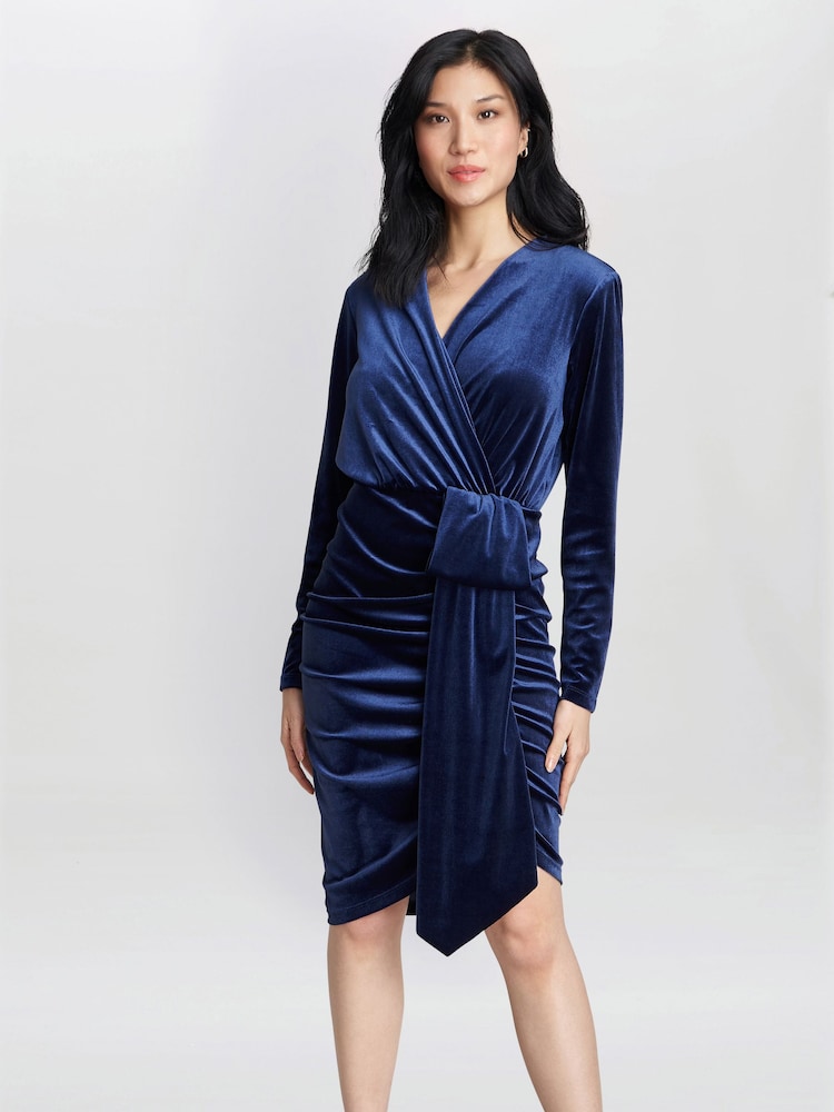Gina Bacconi Blue Tasha Velvet Dress With Draped Skirt Detail - Image 1 of 1