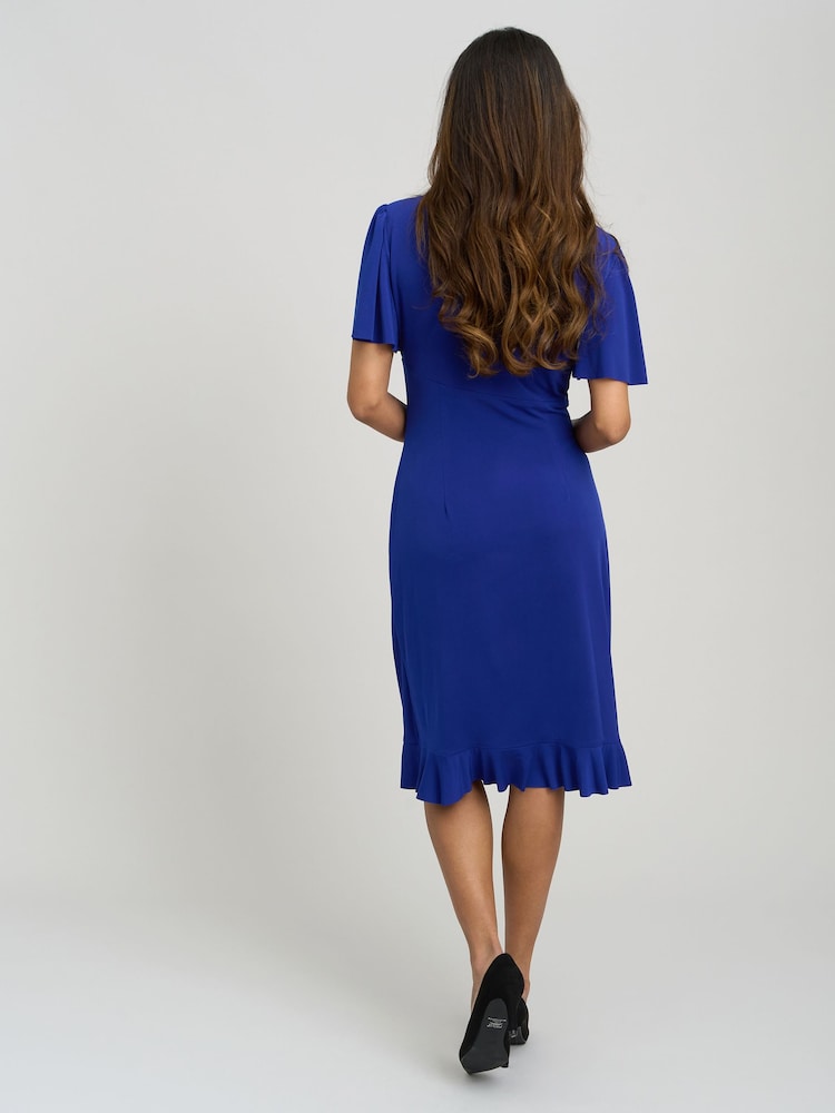 Gina Bacconi Blue Raya Faux Wrap Dress With Frill Hem - Image 2 of 6 Gina Bacconi Blue Raya Faux Wrap Dress With Frill Hem - Image 2 of 6