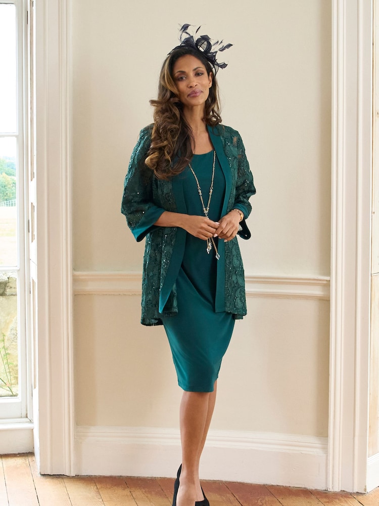 Gina Bacconi Green Charlee Embroidered Lace Dress And Jacket With Detachable Necklace - Image 2 of 9 Gina Bacconi Green Charlee Embroidered Lace Dress And Jacket With Detachable Necklace - Image 2 of 9