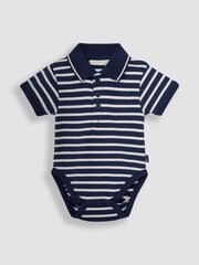 JoJo Maman Bébé Navy Ecru Stripe Short Sleeve Polo Shirt Bodysuit - Image 1 of 3