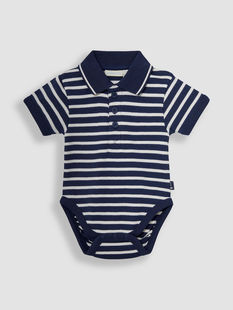 JoJo Maman Bébé Navy Ecru Stripe Short Sleeve Polo Shirt Bodysuit - Image 1 of 3