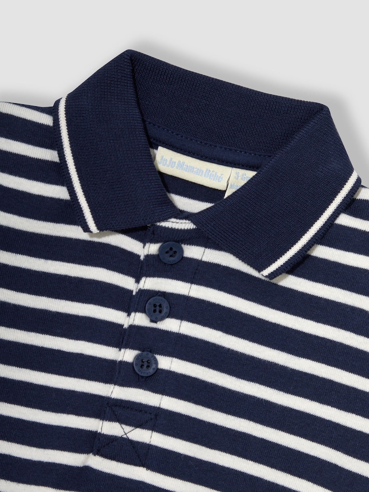 JoJo Maman Bébé Navy Ecru Stripe Short Sleeve Polo Shirt Bodysuit - Image 2 of 3