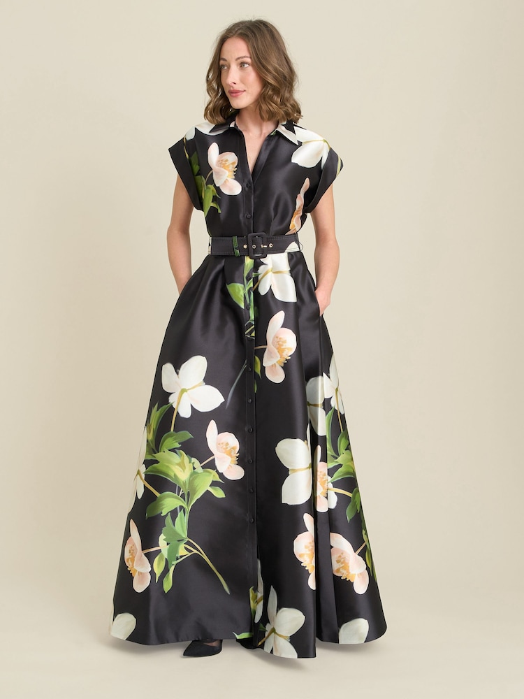 Gina Bacconi Black Selina Floral Belted Maxi Dress - Image 1 of 5