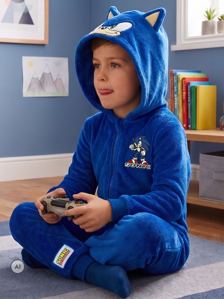 Character Blue Sonic The Hedgehog Onesie With 3D Ears - Image 2 of 8 Character Blue Sonic The Hedgehog Onesie With 3D Ears - Image 2 of 8
