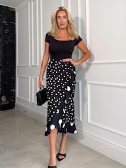 Girl In Mind Black Polka Dot Emily Frill Detail Wrap Skirt - Image 1 of 4
