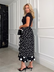 Girl In Mind Black Polka Dot Emily Frill Detail Wrap Skirt - Image 2 of 4