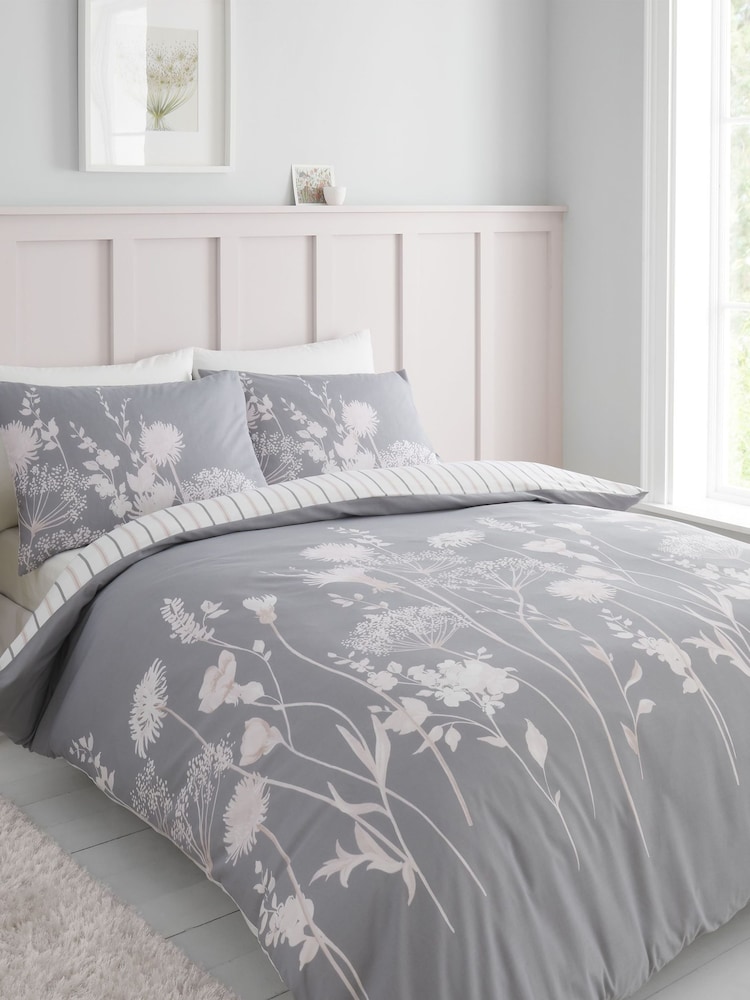 Catherine Lansfield Pink/Grey Meadowsweet Floral Reversible Duvet Cover Set - Image 1 of 4