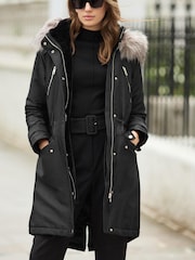 Black Longline Shower Resistant Cotton Blend Padded Parka - Image 1 of 10