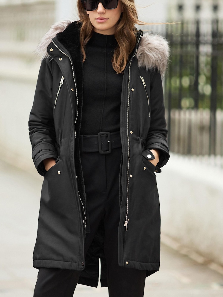 Black Longline Shower Resistant Cotton Blend Padded Parka - Image 1 of 10