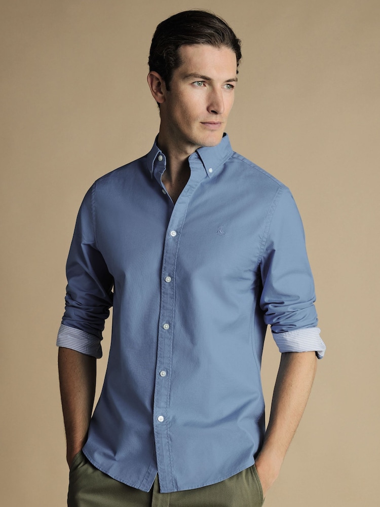 Charles Tyrwhitt Blue Plain Slim Fit Button-down Washed Oxford 100% Cotton Shirt - Image 1 of 6
