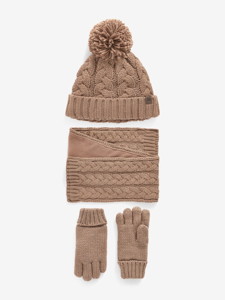 Mocha Brown Knitted Hat, Gloves and Scarf 3 Piece Set (3-16yrs) - Image 1 of 2