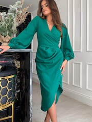 Girl In Mind Green Elsa Long Sleeve Wrap Asymmetric Dress - Image 1 of 4