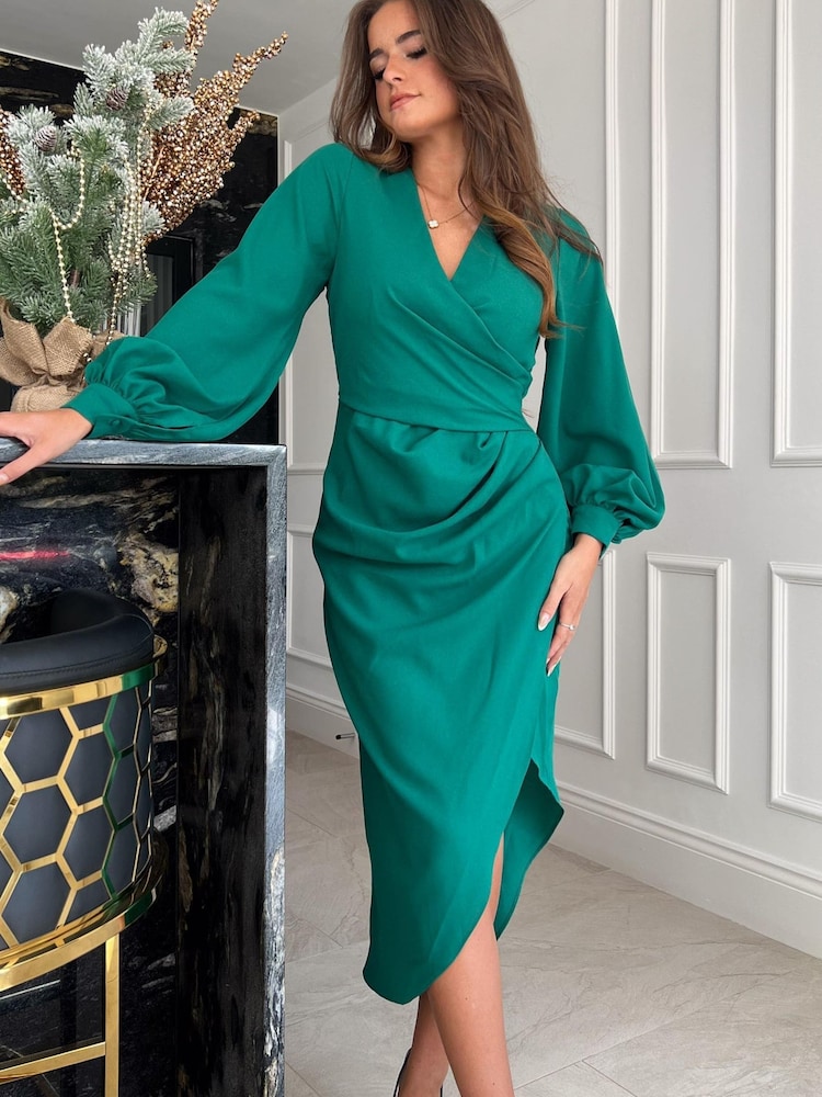 Girl In Mind Green Elsa Long Sleeve Wrap Asymmetric Dress - Image 1 of 4