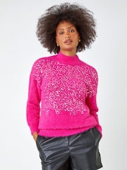 Roman Pink Sequin Fluffy High Neck Jumper - Image 1 of 5