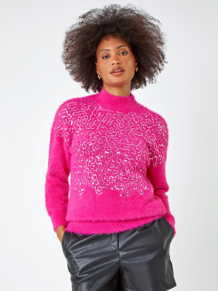 Roman Pink Sequin Fluffy High Neck Jumper - Image 1 of 5
