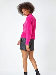Roman Pink Sequin Fluffy High Neck Jumper - Image 3 of 5