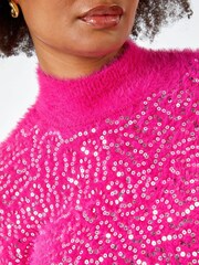 Roman Pink Sequin Fluffy High Neck Jumper - Image 5 of 5