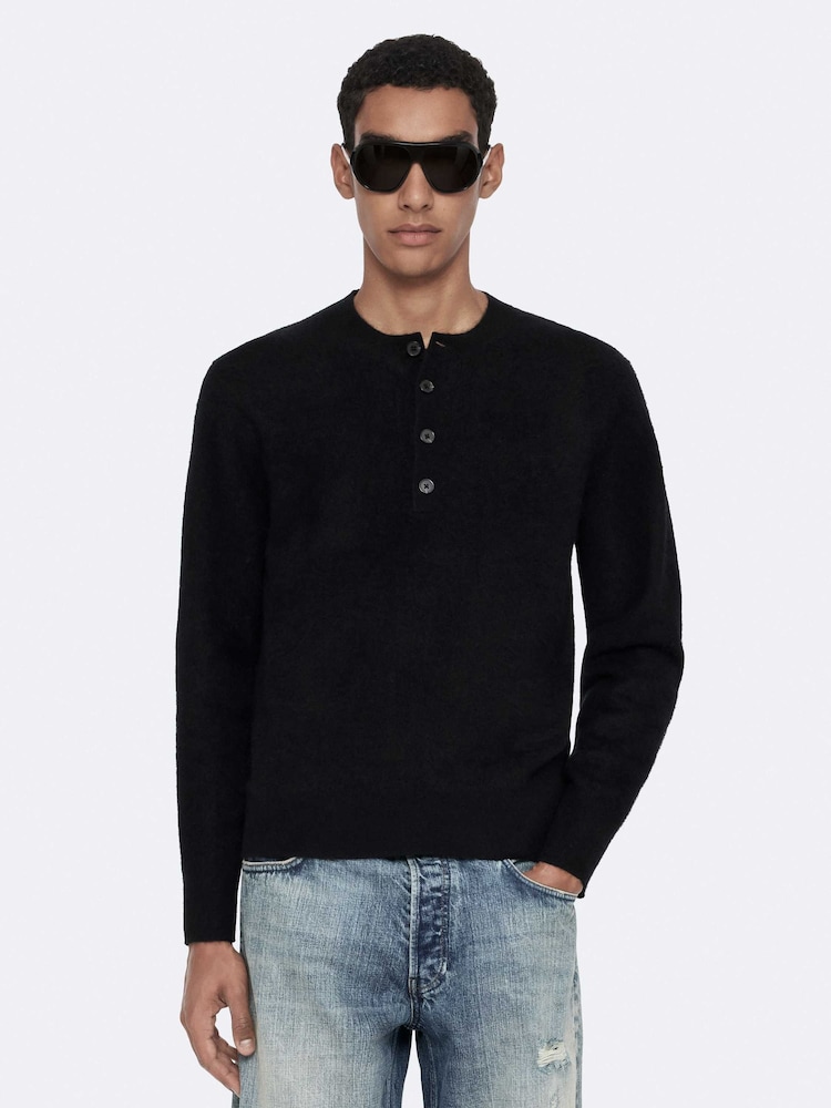 AllSaints Black Wulf Henley Jumper - Image 1 of 8 AllSaints Black Wulf Henley Jumper - Image 1 of 8