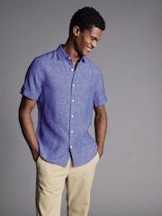 Charles Tyrwhitt Blue Plain Slim Fit Short Sleeve Pure 100% Linen Shirt - Image 1 of 5